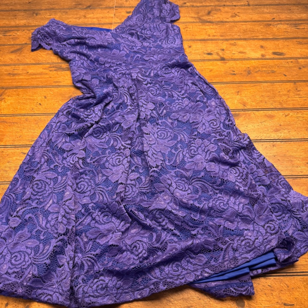 Aonour Purple Floral Lace V-Neck Cap Sleeve A-Line Cocktail Dress Womens Size M